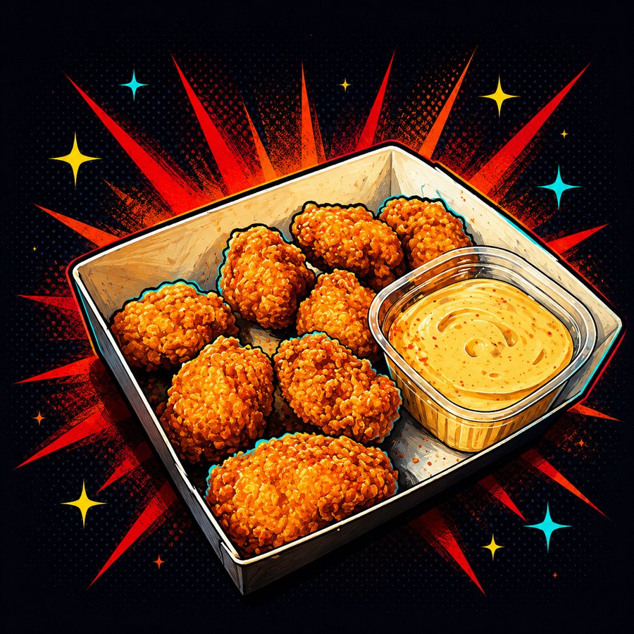 Illustration of crispy chicken popcorn with a creamy dip