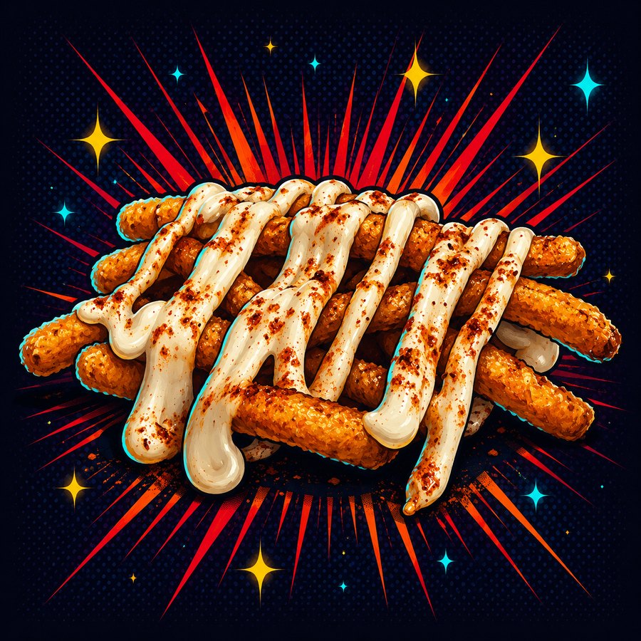 Illustration of extra-long thick-cut fries with sauce drizzle
