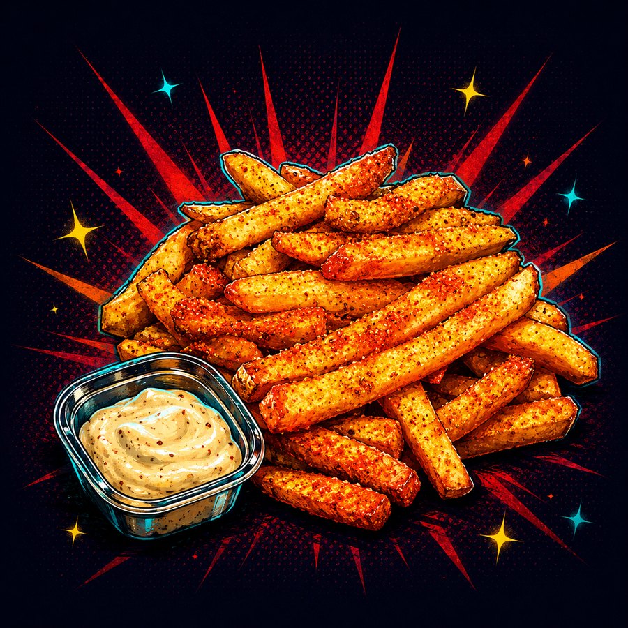 Illustration of thick-cut fries dusted in peri-peri spice with a creamy dip